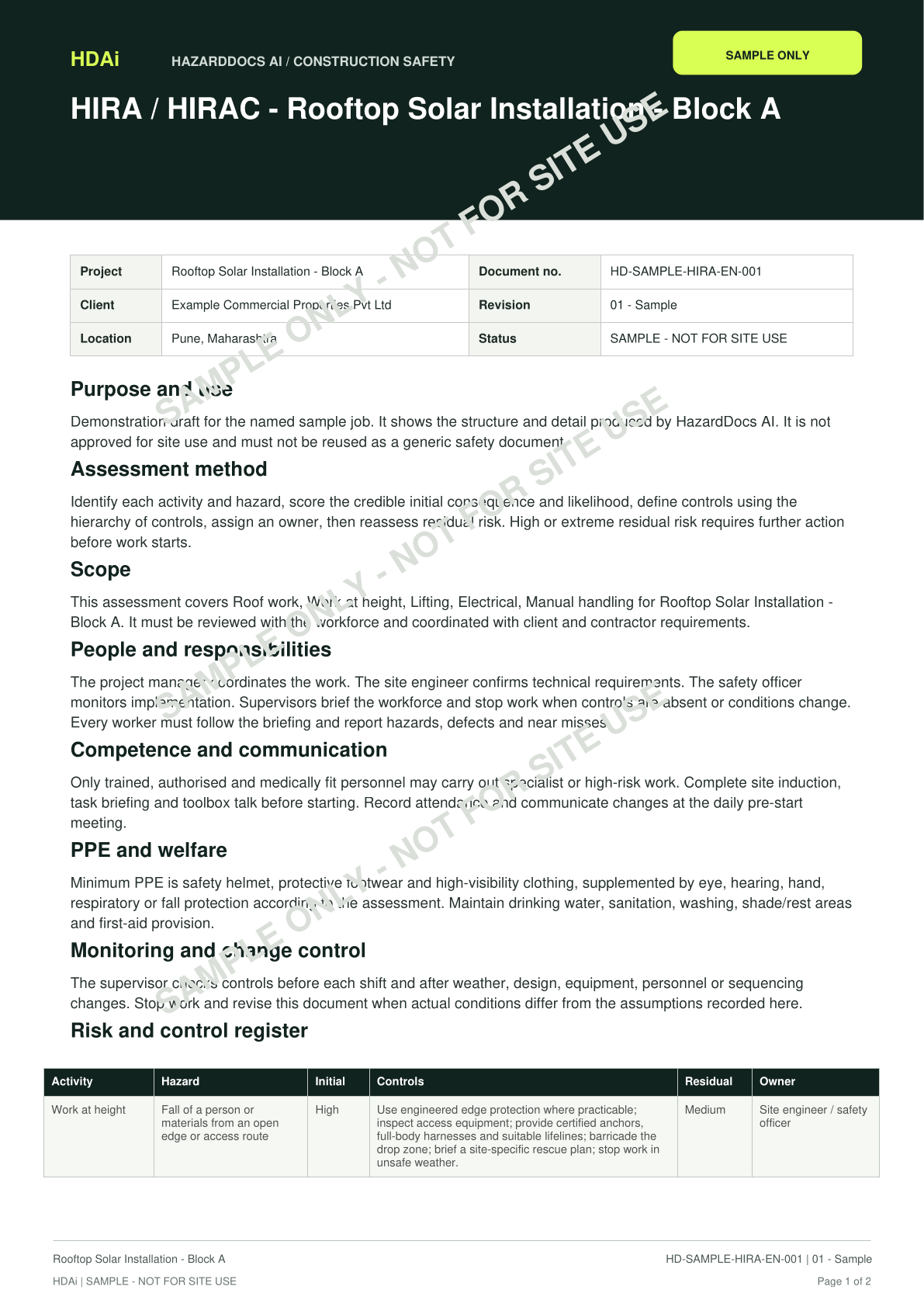First page of the HIRA / HIRAC sample