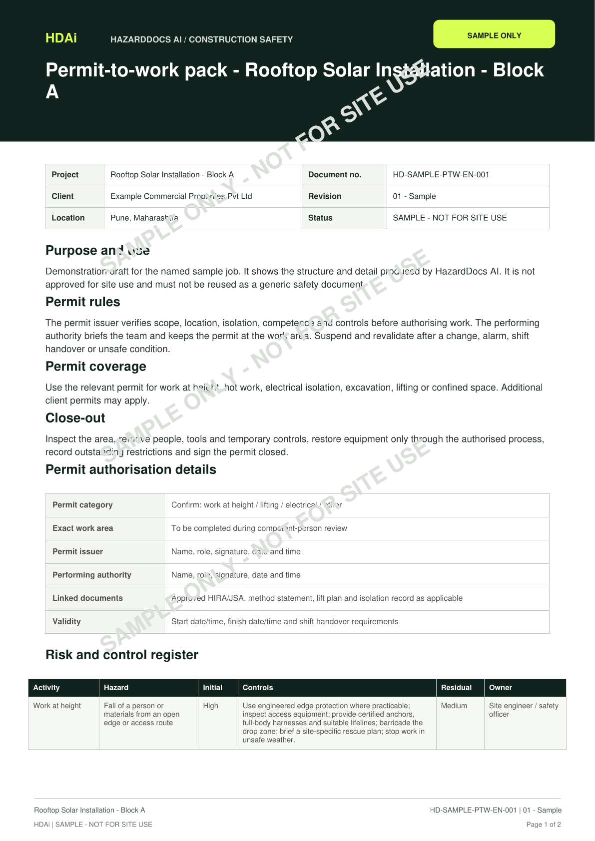 First page of the Permit-to-work pack sample