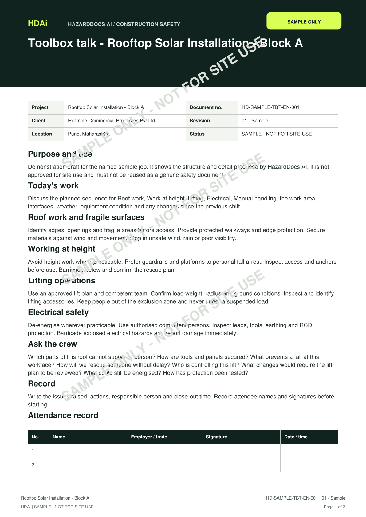 First page of the Toolbox talk sample
